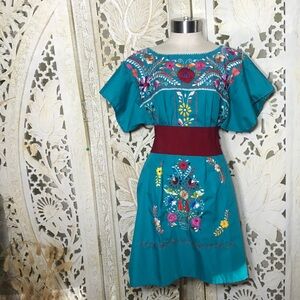 Floral Embroidered Teal Mini Dress